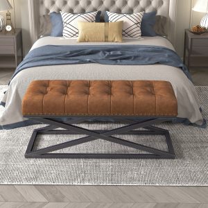 Elegant Vintage Vegan Leather Bench in Stylish Brown with Sturdy Stainless Steel Base - Ideal Furniture Piece for Enhancing Your Living Room Decor - MadeInUSA