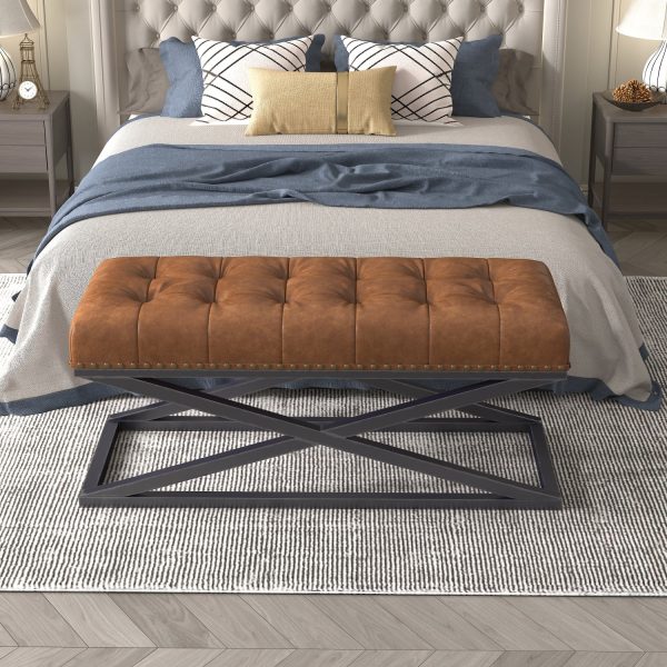 Elegant Vintage Vegan Leather Bench in Stylish Brown with Sturdy Stainless Steel Base - Ideal Furniture Piece for Enhancing Your Living Room Decor - MadeInUSA