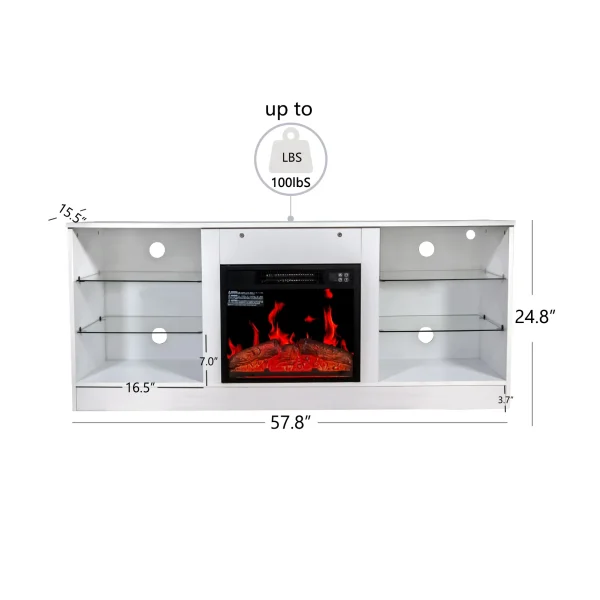 TV Stand With 18 Inch Electric Fireplace Heater,Modern Entertainment Center for TVs Up to 62 Inch With Adjustable Glass Shelves and Storage Cabinets ( White ) - MadeInUSA - Image 5