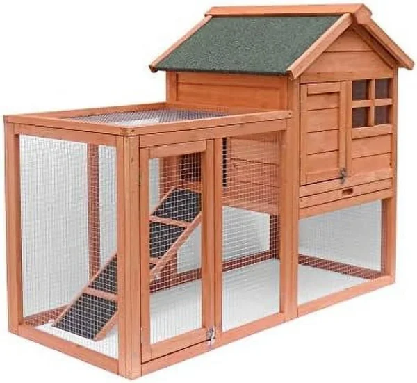 Rabbit Hutch Indoor And Outdoor Bunny Cage 2 Story Pet House Chicken Coop Poultry Cage With Removable No Leakage Tray (Natural Wood) - MadeInUSA - Image 7