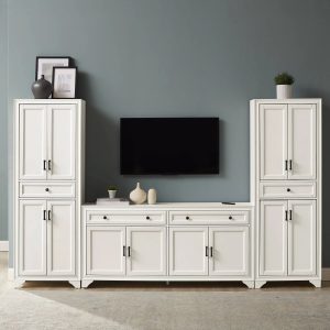 Crosley Furniture Tara 3PC Entertainment Set Distressed White - Sideboard & 2 Pantries - MadeInUSA