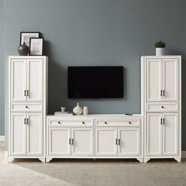 Crosley Furniture Tara 3PC Entertainment Set Distressed White - Sideboard & 2 Pantries - MadeInUSA