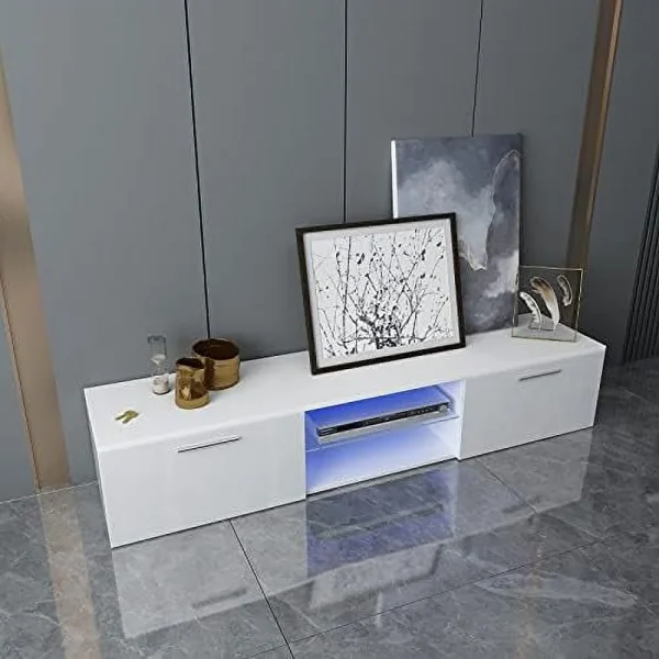 TQNLKGZ White LED TV Stand for Living Room  65 Inch Modern Television Stand  Entertainment Center Media Console with  Bookshelves - MadeInUSA - Image 6