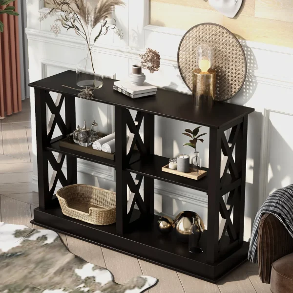Chic and Elegant Modern Black Console Table  Perfect for Small Spaces  Features Stylish "X" Legs and 3-Tier Open Storage Shelves for Organized Living Room  Entryway  or Hallway Decor. - MadeInUSA - Image 2