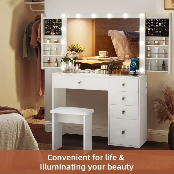 RichYa Modern Vanity Desk Makeup Table with Large LED Mirror and Power Outlet with 2 Sliding Storage White Marble - MadeInUSA - Image 7