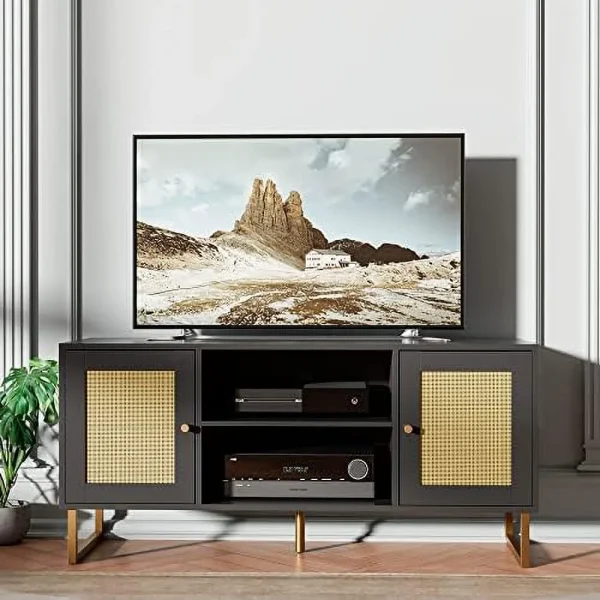 TQNLKGZ Rattan TV Stand for 50/55 inch TV  Entertainment Center with Golden Legs and Metals  Modern TV Console Table with Adjustable Shelves  TV Media Console for Living Room  Bedroom  Bl - MadeInUSA - Image 4