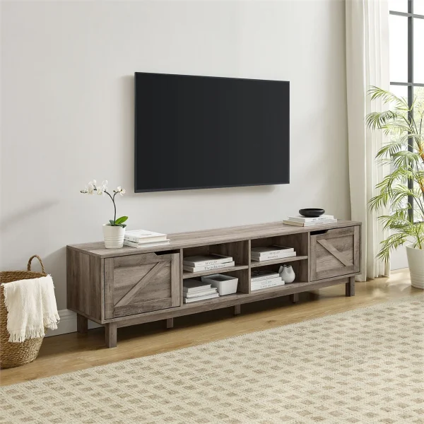Pemberly Row Contemporary 70"Simple Wood Barndoor TV Stand in Gray - MadeInUSA - Image 8