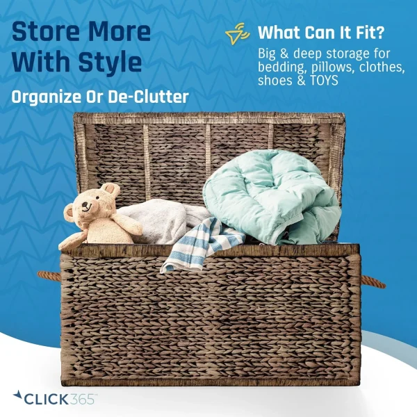 Click365 Storage Trunk, Farmhouse Style, Extra Large (33"), Deep, Woven Wicker Chest With Metal Frame, 2 Handles, Flip Top Lid and Stay Open Safety Hinges, Sustainable Eco Material, Rustic Brown - MadeInUSA - Image 2