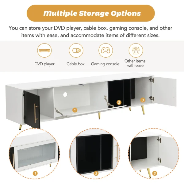 ON-TREND Stylish TV Stand with Golden Metal Handles&Legs, Two-tone Media Console for TVs Up to 80", Fluted Glass Door TV Cabinet with Removable Compartment for Living Room, White - MadeInUSA - Image 4
