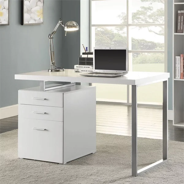 Scranton and Co 3 Drawer Writing Desk in White and Silver - MadeInUSA - Image 2