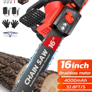 RELOIVE 16-inch 42V Battery-Powered Brushless Cordless Chainsaw Kit with 2x2000mAh Batteries, 3 Chains & Dual Chargers - MadeInUSA