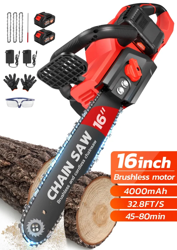 RELOIVE 16-inch 42V Battery-Powered Brushless Cordless Chainsaw Kit with 2x2000mAh Batteries, 3 Chains & Dual Chargers - MadeInUSA