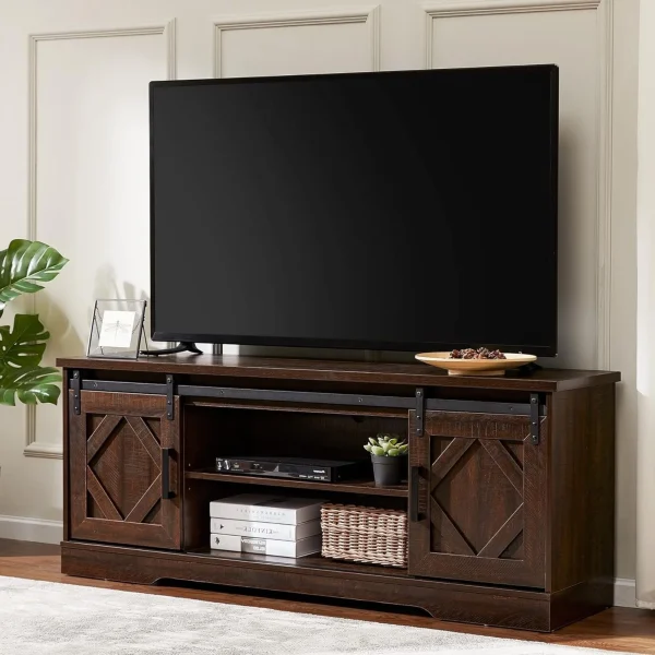 59"Farmhouse TV Stand Modern Sliding Barn Door Entertainment Center for TVs Up to 65 inch, Wood TV Media Console Table Cabinet Storage for Living Room, Rustic Brown - MadeInUSA - Image 3