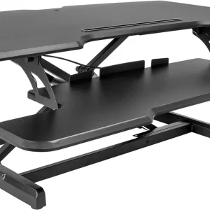 YiSHOP Electric Standing Desk Converter with 38"Tabletop, Height Adjustable Sit Stand Desk Riser, Motorized Desk Riser with Keyboard Tray and Device Slot, Fits Monitor & Laptop, Black - MadeInUSA