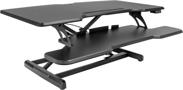 YiSHOP Electric Standing Desk Converter with 38"Tabletop, Height Adjustable Sit Stand Desk Riser, Motorized Desk Riser with Keyboard Tray and Device Slot, Fits Monitor & Laptop, Black - MadeInUSA