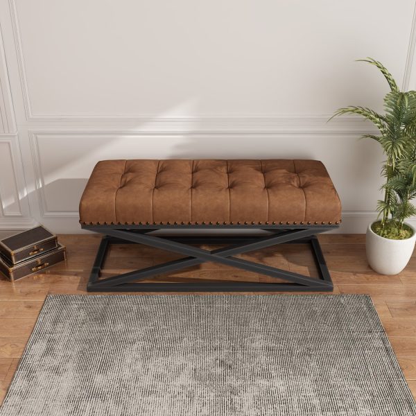Elegant Vintage Vegan Leather Bench in Stylish Brown with Sturdy Stainless Steel Base - Ideal Furniture Piece for Enhancing Your Living Room Decor - MadeInUSA - Image 5