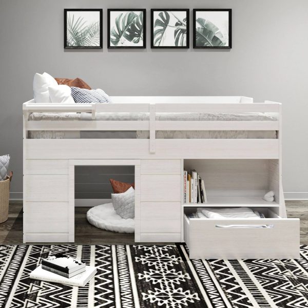 Max & Lily Modern Farmhouse Low Loft Bed, Twin Bed Frame for Kids with 1 Drawer, White Wash - MadeInUSA - Image 2