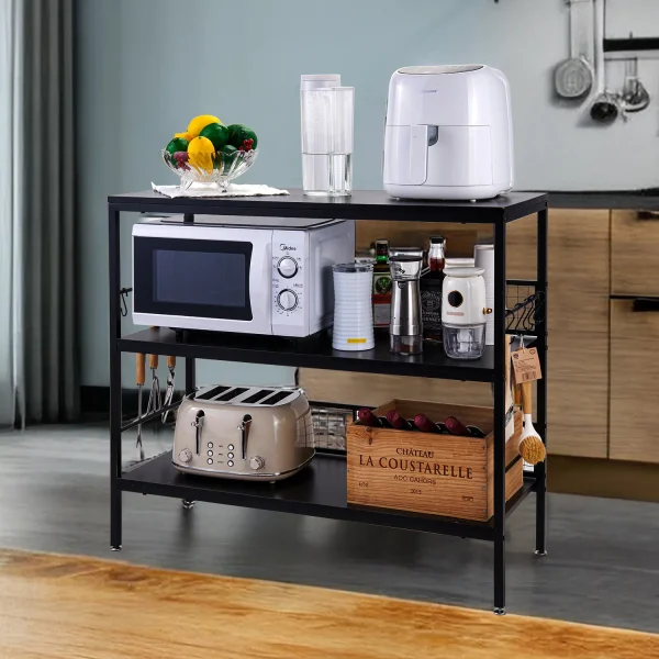 Cheflaud Rolling Kitchen Storage Cart Island with large open shelves and Large Worktop, 3-Tier Kitchen Baker's Rack with 10 Hooks, Stable Steel Structure and Easy Assembly, Rustic Brown - MadeInUSA - Image 4