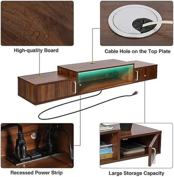 ZWNLKQG Floating TV Stand with Power Outlet  59u201D Wall-Mounted Floating TV  for Under TV  Entertainment Center Modern Media Console with LED Lights for Living Room  Home  Office - MadeInUSA - Image 3