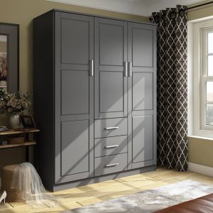 100% Solid Wood Cosmo 3-Door Wardrobe with Raised Panel Doors, Gray - Palace Imports 7115D - MadeInUSA