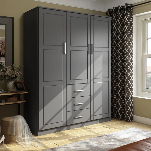 100% Solid Wood Cosmo 3-Door Wardrobe with Raised Panel Doors, Gray - Palace Imports 7115D - MadeInUSA