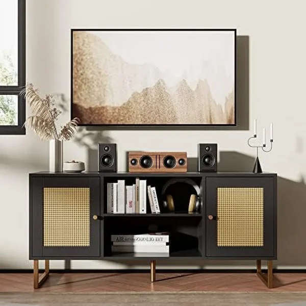 TQNLKGZ Rattan TV Stand for 50/55 inch TV  Entertainment Center with Golden Legs and Metals  Modern TV Console Table with Adjustable Shelves  TV Media Console for Living Room  Bedroom  Bl - MadeInUSA