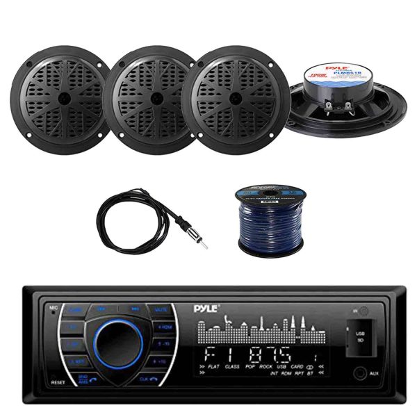 PYLE PLRMR27BTB Marine Bluetooth Receiver Stereo(Black) w/Pyle 100W 5.25'' 2-Way Marine Speakers(2-Pairs), Enrock Marine Antenna & Enrock Marine 50' 16G Speaker Wire - MadeInUSA