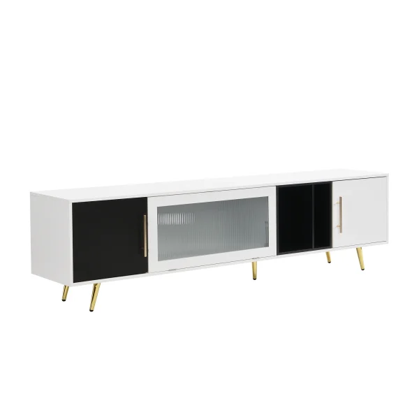 ON-TREND Stylish TV Stand with Golden Metal Handles&Legs, Two-tone Media Console for TVs Up to 80", Fluted Glass Door TV Cabinet with Removable Compartment for Living Room, White - MadeInUSA - Image 8