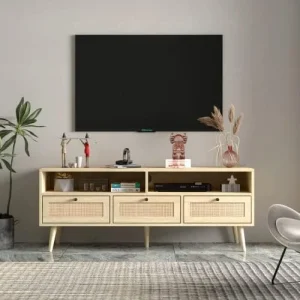 JYHOME Rattan TV Stand with Solid Wood Feet  Modern TV Stand for 55 inch TV  Entertainment Center with  and ??Wood TV Media Console Table for Living Room Bedroom  Natural - MadeInUSA