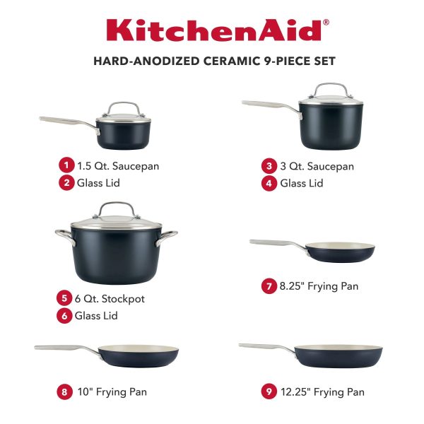 KitchenAid Hard-Anodized Ceramic Nonstick 9-Piece Cookware Set, Black - MadeInUSA - Image 7