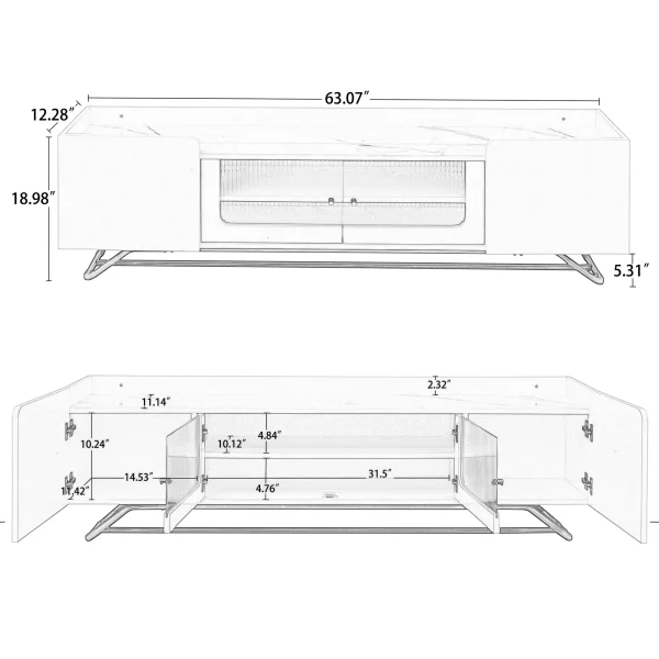 Sleek Design TV Stand with Fluted Glass, Contemporary Entertainment Center for TVs Up to 65", Faux Marble Top TV Console Table with Gold Frame Base, White - MadeInUSA - Image 5