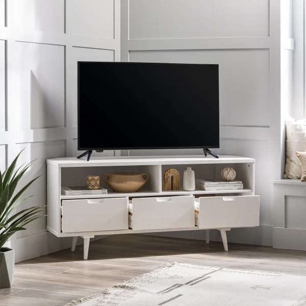 Walker Edison Modern 3-Drawer Solid Wood Corner TV Stand, White - MadeInUSA - Image 4