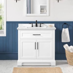 Home Decorators Collection Doveton 36 in. Single Sink Freestanding White Bath Vanity with White Engineered Marble Top (Fully Assembled) - MadeInUSA