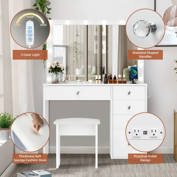 RichYa Modern Vanity Desk Makeup Table with Large LED Mirror and Power Outlet with 2 Sliding Storage White Marble - MadeInUSA - Image 5