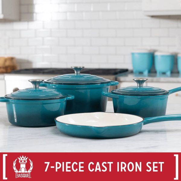 Basque Enameled Cast Iron Nonstick Cookware 7 Piece Set Biscay Blue - MadeInUSA - Image 3