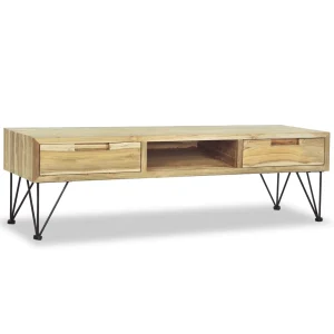 moobody TV Cabinet with 2 Storage Drawers and Open Shelf Teak Wood Television Stand Sofa Couch End Side Table Wrought Iron Legs for Living Room Home Furniture 47.2 x 13.8 x 13.8 Inches (L x W x H) - MadeInUSA