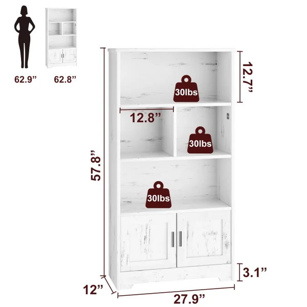 Homhougo—Wood Bookcase with Doors White Bookshelf with LED Lights Modern Storage Rack 3 Shelf Standing Bookshelves Large Display Shelf Unique Book Shelf for Bedroom, Living Room, Home Office - MadeInUSA - Image 6