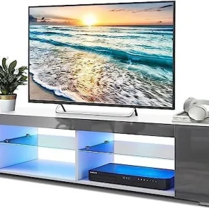 NLTBONNIE LED TV Stand for 65 Inch TVs Modern Low Profile Entertainment Center with LED Lights 57 Inch Small TV Console Media Table with Glass Shelves Hidden Side Bookshelf for Living Roo - MadeInUSA