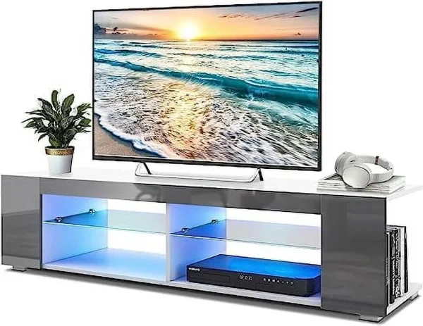 NLTBONNIE LED TV Stand for 65 Inch TVs Modern Low Profile Entertainment Center with LED Lights 57 Inch Small TV Console Media Table with Glass Shelves Hidden Side Bookshelf for Living Roo - MadeInUSA