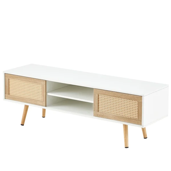 55.12"Rattan TV cabinet, double sliding doors for storage, adjustable shelf, solid wood legs, TV console for living room , White - MadeInUSA - Image 4
