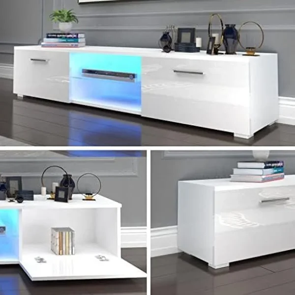 TQNLKGZ White LED TV Stand for Living Room  65 Inch Modern Television Stand  Entertainment Center Media Console with  Bookshelves - MadeInUSA - Image 2