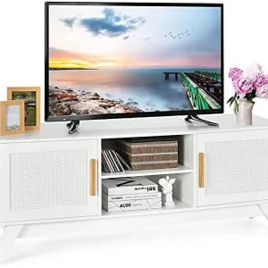 FDIGLUL Rattan TV Stand for TVs Up to 65"  Entertainment Center  3-Tier Adjustable   2 Enclosed Weaved Cabinets  Cable Holes  Modern Media TV Console Table for Living Room - MadeInUSA