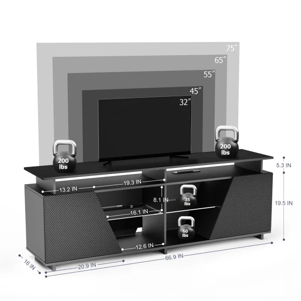 SULIVES PS5 Gaming Entertainment Center with Power Outlet, Fits 75"TVs, LED TV Stand, Ideal for Living Room or Bedroom (67'' Black) - MadeInUSA - Image 4