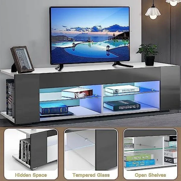 NLTBONNIE LED TV Stand for 65 Inch TVs Modern Low Profile Entertainment Center with LED Lights 57 Inch Small TV Console Media Table with Glass Shelves Hidden Side Bookshelf for Living Roo - MadeInUSA - Image 3