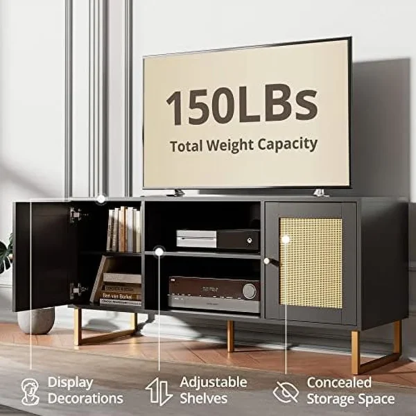 TQNLKGZ Rattan TV Stand for 50/55 inch TV  Entertainment Center with Golden Legs and Metals  Modern TV Console Table with Adjustable Shelves  TV Media Console for Living Room  Bedroom  Bl - MadeInUSA - Image 3