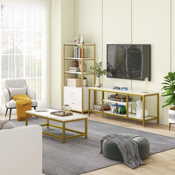 STCVF TV Stand  59 Inches Gold 3-Tier TV Console for TVs Up to 65" with Faux Marble Veneer  Sofa Console Entryway Table for Living Room - MadeInUSA - Image 5