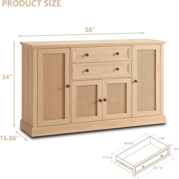 SinCiDo Rattan TV Stand for 65 Inch TVs, 34"Tall Entertainment Center w/Double Large Drawers, Boho Media Console Cabinet w/4 Rattan Door & Adjustable Shelves for Living Room - MadeInUSA - Image 6