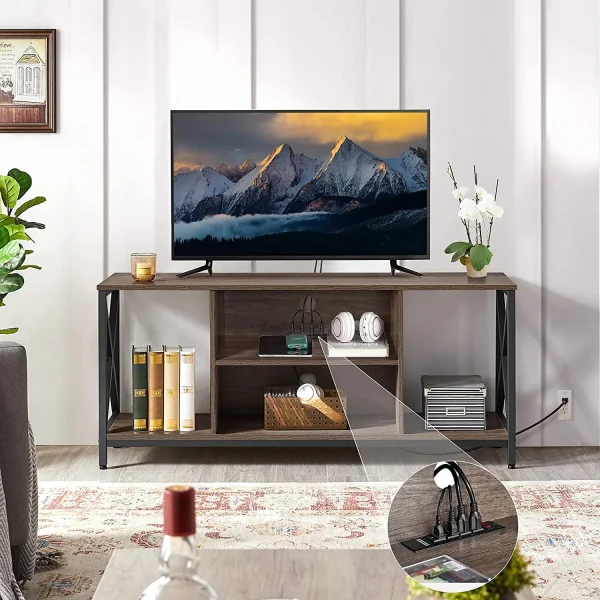 TV Stand for 65 Inch TV, Media Entertainment Center with Power Outlet for Living Room, Industrial TV Console with Side Shelves for PS Storage, Taupe Wood - MadeInUSA - Image 3