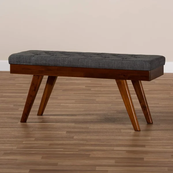 Alona -Century Modern Medium Grey Fabric Upholstered Wood Dining Bench - MadeInUSA - Image 7