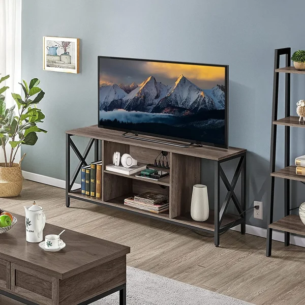 TV Stand for 65 Inch TV, Media Entertainment Center with Power Outlet for Living Room, Industrial TV Console with Side Shelves for PS Storage, Taupe Wood - MadeInUSA